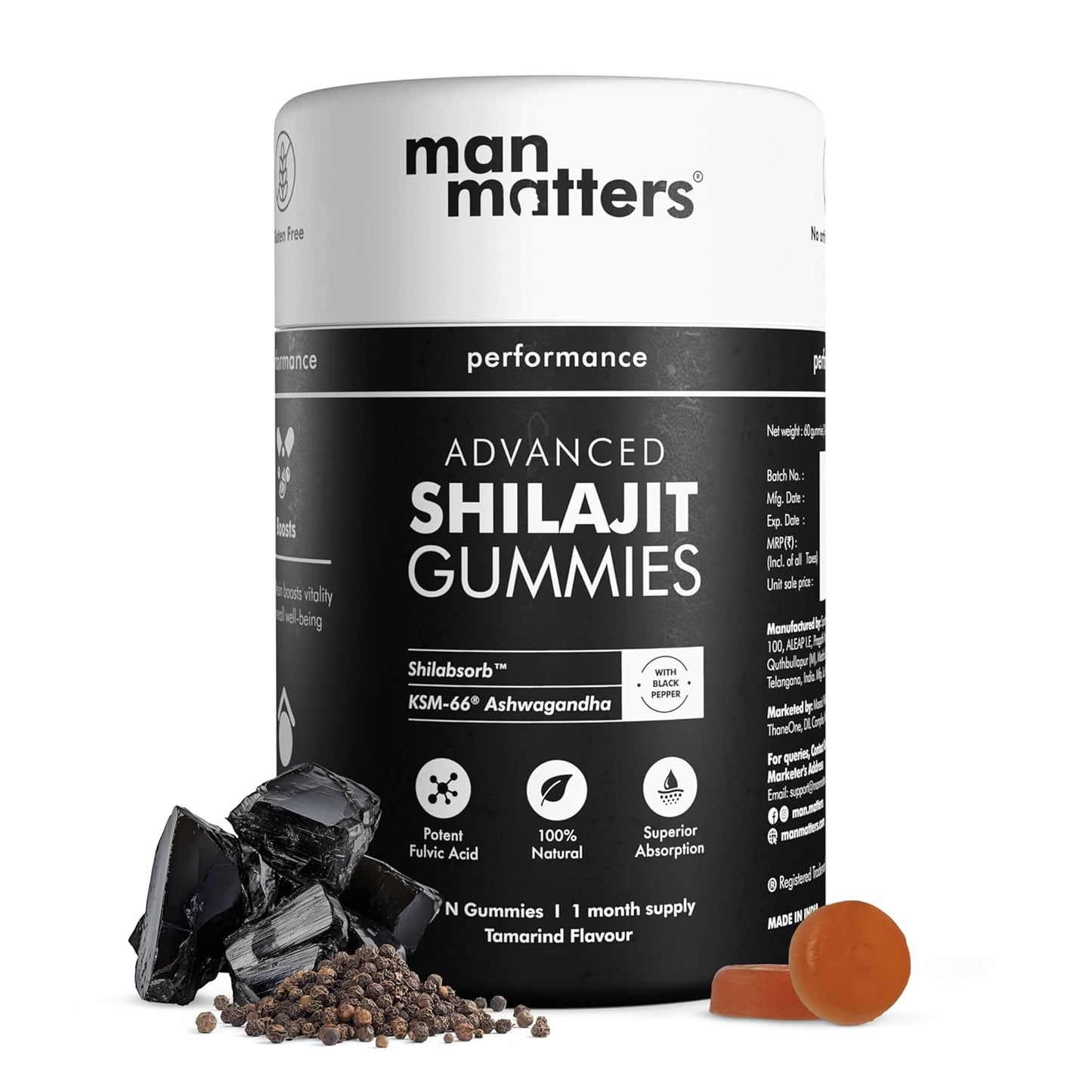Man Matters Pure Himalayan Shilajit/Shilajeet Gummies Advanced With 75% Fulvic Acid, Ksm 66 Ashwagandha & Black Pepper, 60 Cap.