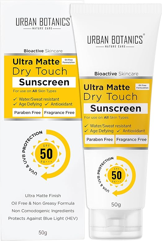 UrbanBotanics Ultra Matte Dry Touch Sunscreen SPF 50 PA+++ - Non Comedogenic - Water/Sweat Resistant - Protect against Blue Light, UVA/UVB Rays - 50g