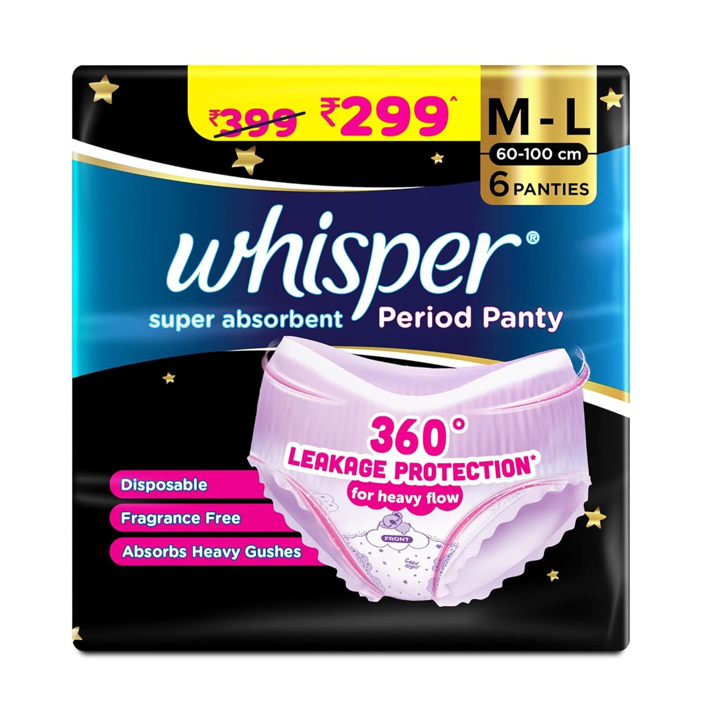 Whisper Super Absorbent Period Panty, 6 M-L Pants, 360 Degree Leakage Protection for Heavy Flow