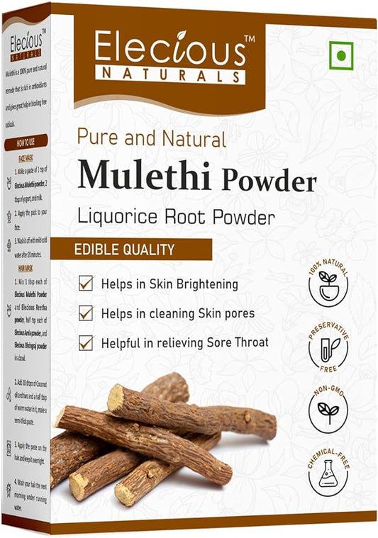 Elecious Mulethi Powder For Body, Skin, Face and Hair (200g), Skin Whitening | Yashtimadhu Powder, Liquorice Powder for Eating