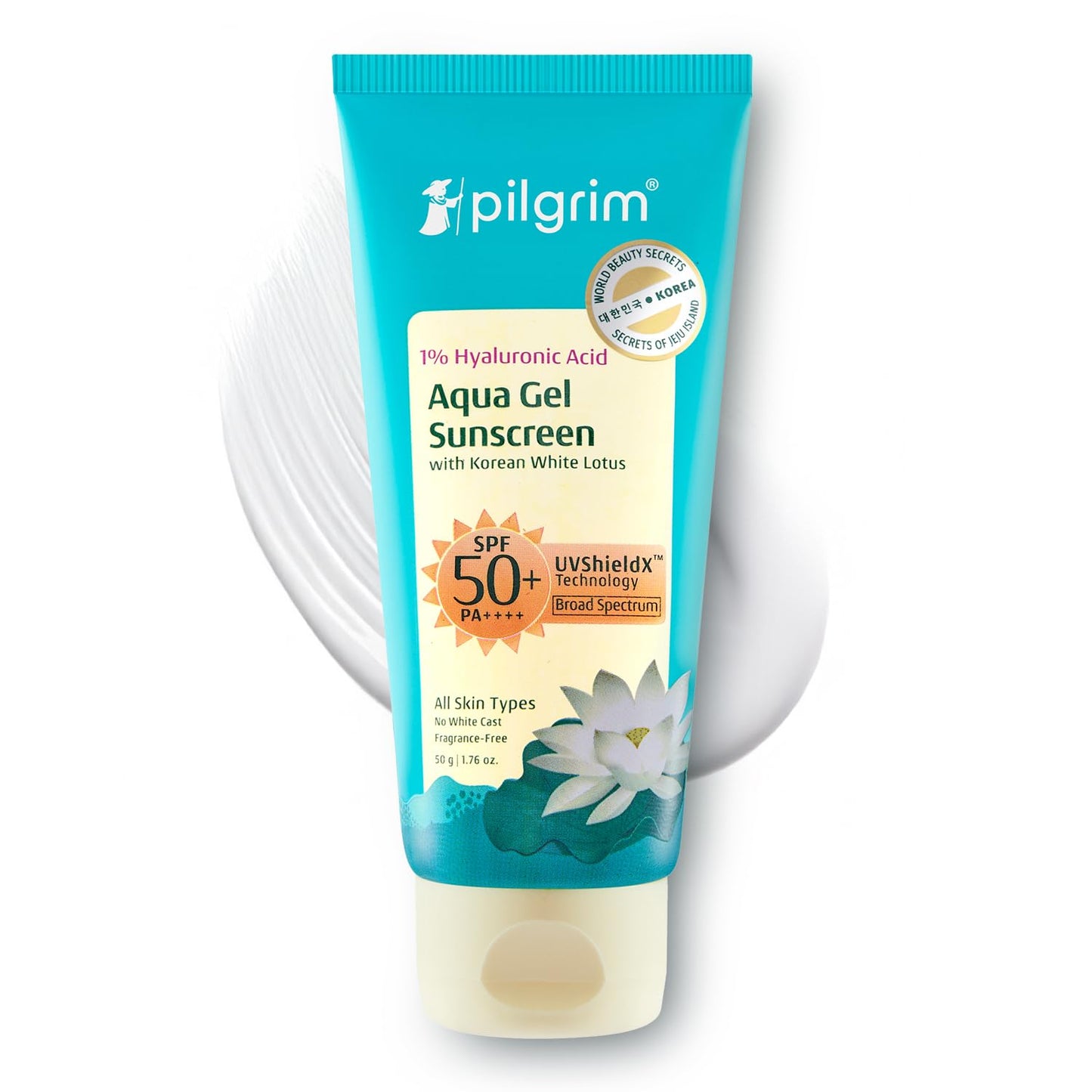 Pilgrim 1% Hyaluronic Acid Sunscreen Gel SPF 50 +++ with Korean White Lotus, 50 gm