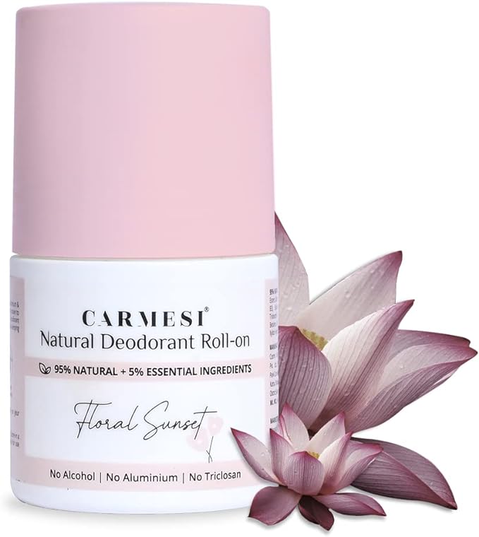 Carmesi Natural Deodorant Roll-on for Women | 95% Natural + 5% Essential Ingredients | For Fresh Underarms All Day | No Aluminium | No Triclosan | Floral Sunset | 50 ml