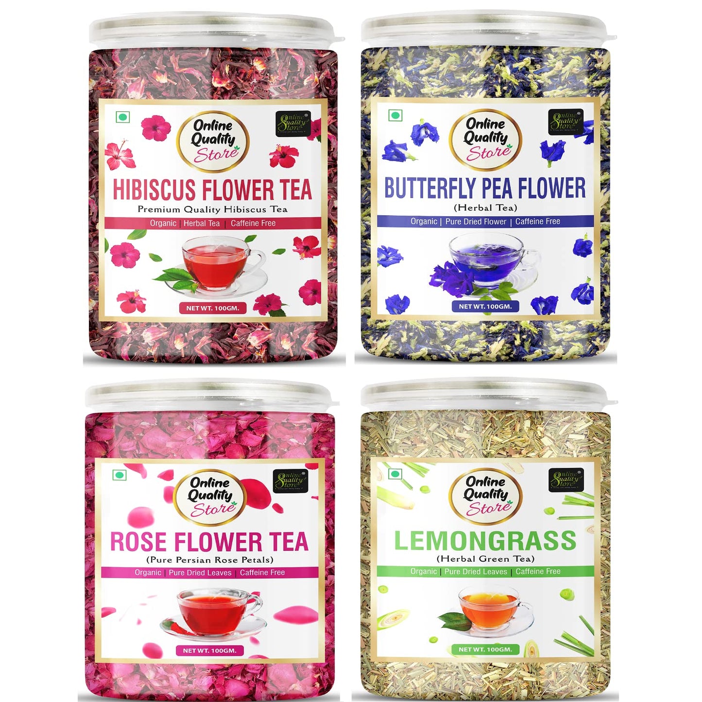Online Quality Store Organic Hibiscus Flower Tea, Butterfly Pea, Rose, Lemongrass Combo, 400 gm