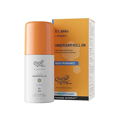 Chemist at Play UnderArm Roll-On with 5% AHA, Lactic Acid & 1% Mandelic Acid | Prevents Body Odour, Brightens Skin & Exfoliates Underarm , Aqua Fragrance ,40ml