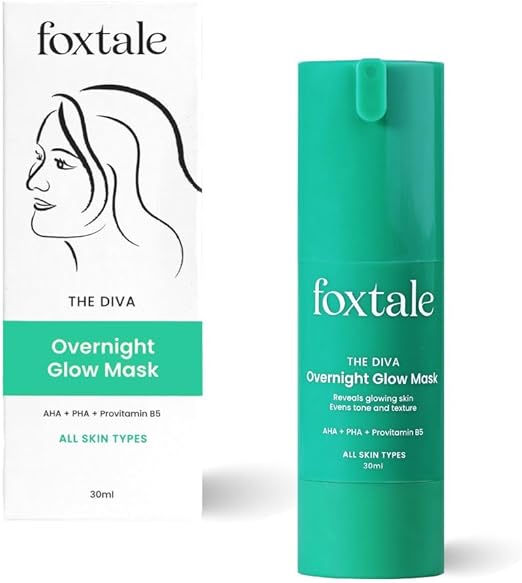 FoxTale 2% Glycolic + 2% Lactic Acid Overnight Glow Mask With AHA, PHA & Provitamin B5 30 second facial for salon like brightening For clear, smooth, soft skin Men and Women 30 ml, Green