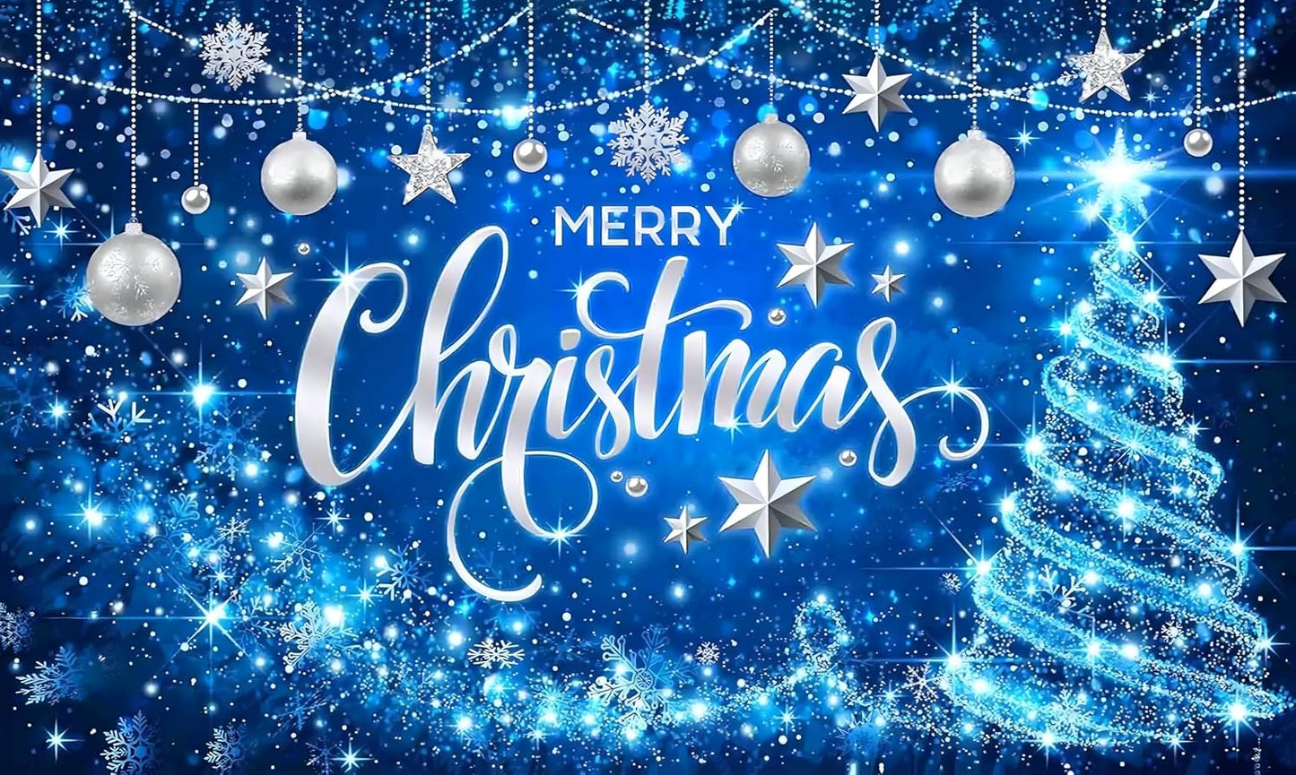 Blue Merry Christmas Backdrop Glitter Bokeh Sparkle Snowflake Banner  Size 5Feet Height & 8Feet Width