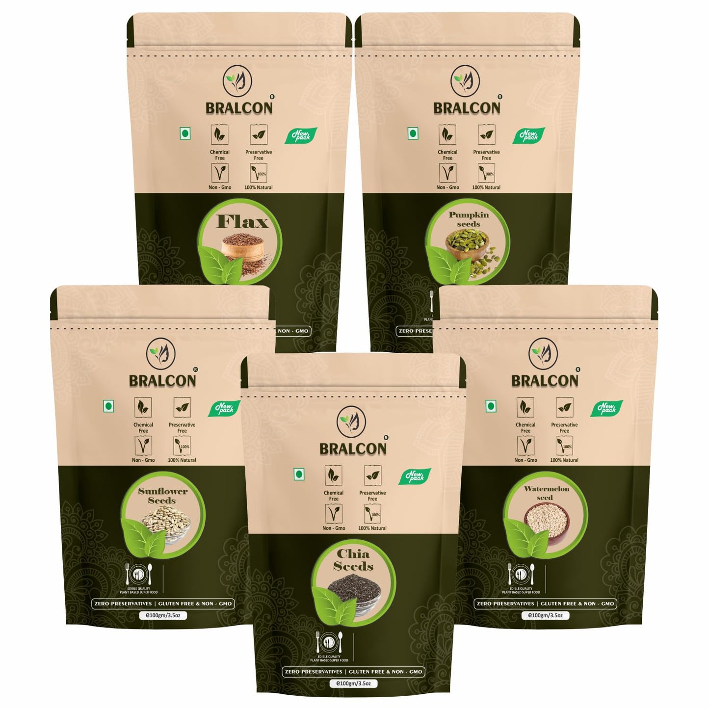 BRALCON Seeds Combo of Chia, Watermelon, Pumpkin, Sunflower, Flax Seeds - 500g (5 x 100g Each Pack) | Unroasted Mix Seeds for eating with Omega 3 and rich in Fiber, Protein for Weight Loss