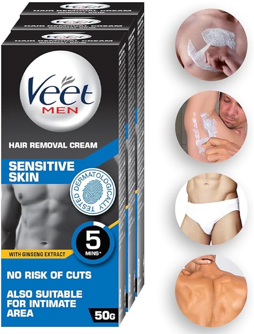 Veet Hair Removal Cream for Men, Sensitive Skin, 50g Each (Pack of 3)