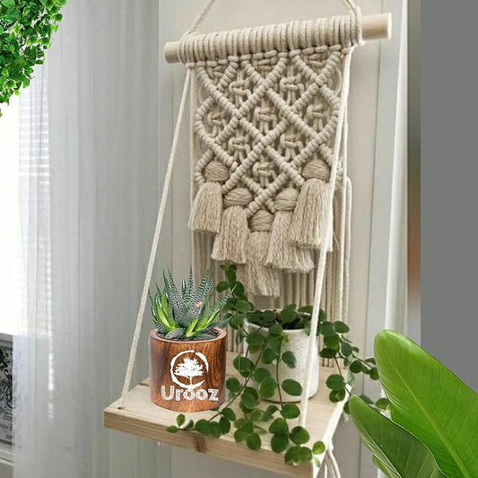 Urooz Macramé Wooden Wall Hanging Shelf |988| Modern Chic Woven Macrame Tapestries, Wall Art Home Decor , 10" x 15"