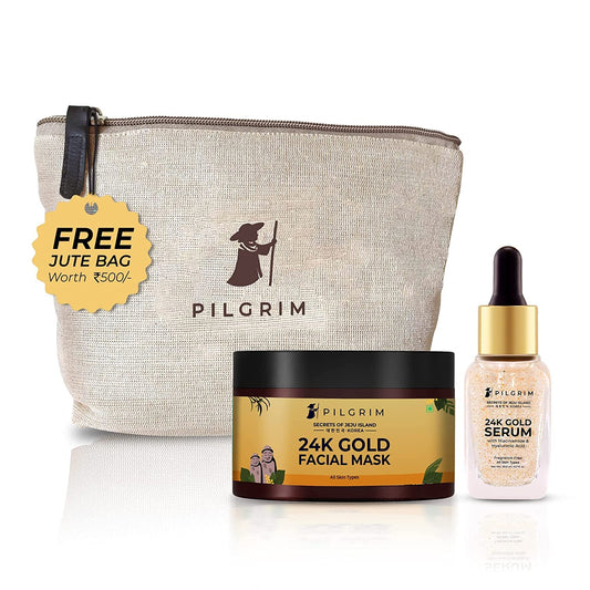 Pilgrim 24K Gold Facial Kit | Dewy Glass Skin Finish | Radiant Look Face Mask Pack 50gm | Serum 20ml | Korean Skin Care | For Women & Men | FREE JUTE BAG