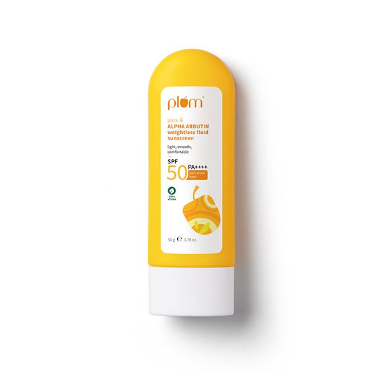 Plum Yuzu & Alpha Arbutin Fluid Sunscreen SPF 50 PA++++ | Boosts Glow & Skin Barrier | Fade Tan & Dark Spots | Quick-Absorbing | No White Cast & Non-Greasy | Women & Men | for All Skin Types | 50g