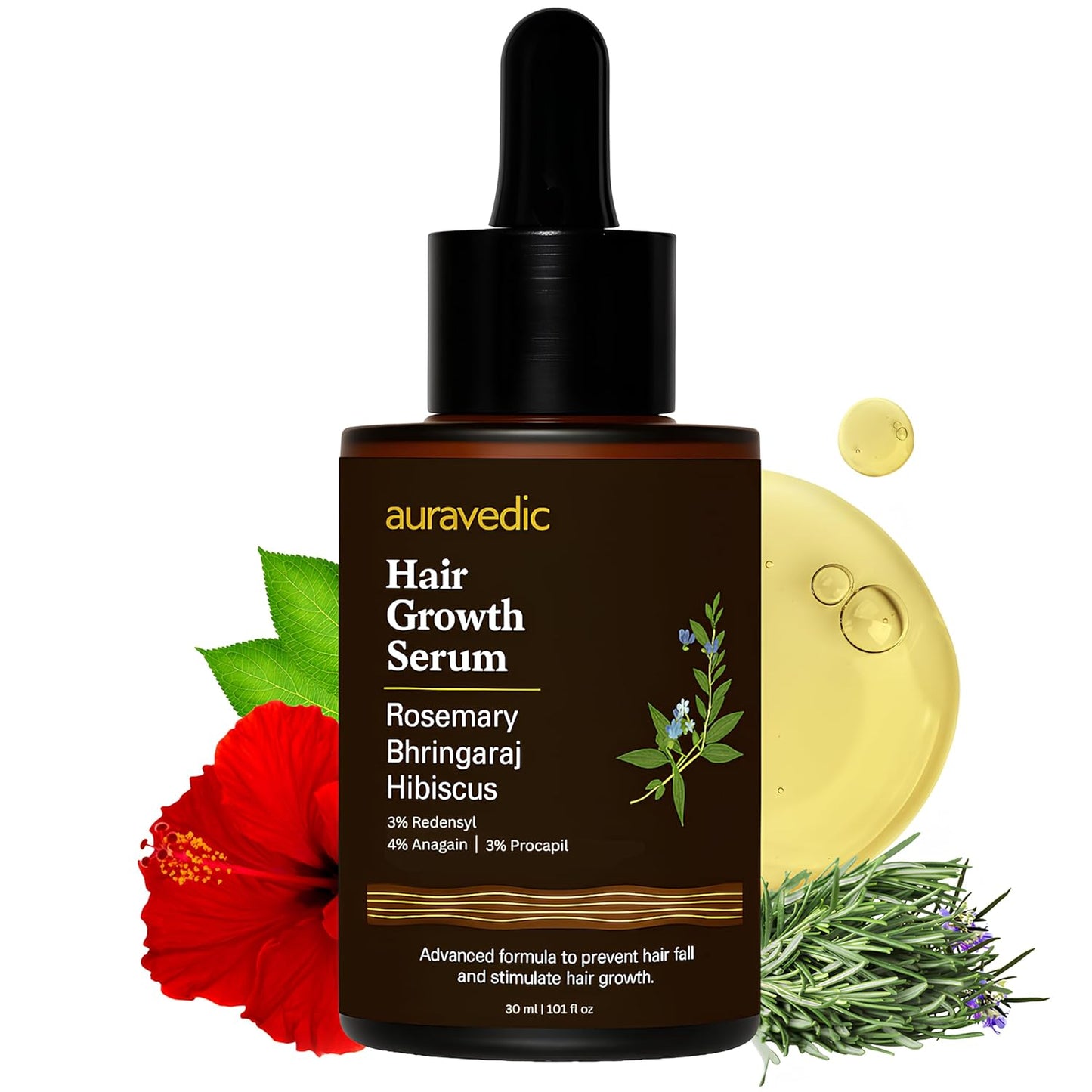 Auravedic Advance Hair Growth Serum For Scalp With Anagain 2%, Redensyl 3%, Procapil 3%, Caffeine, Biotin, Bhringaraj, Rosemary Oil, 30 ml