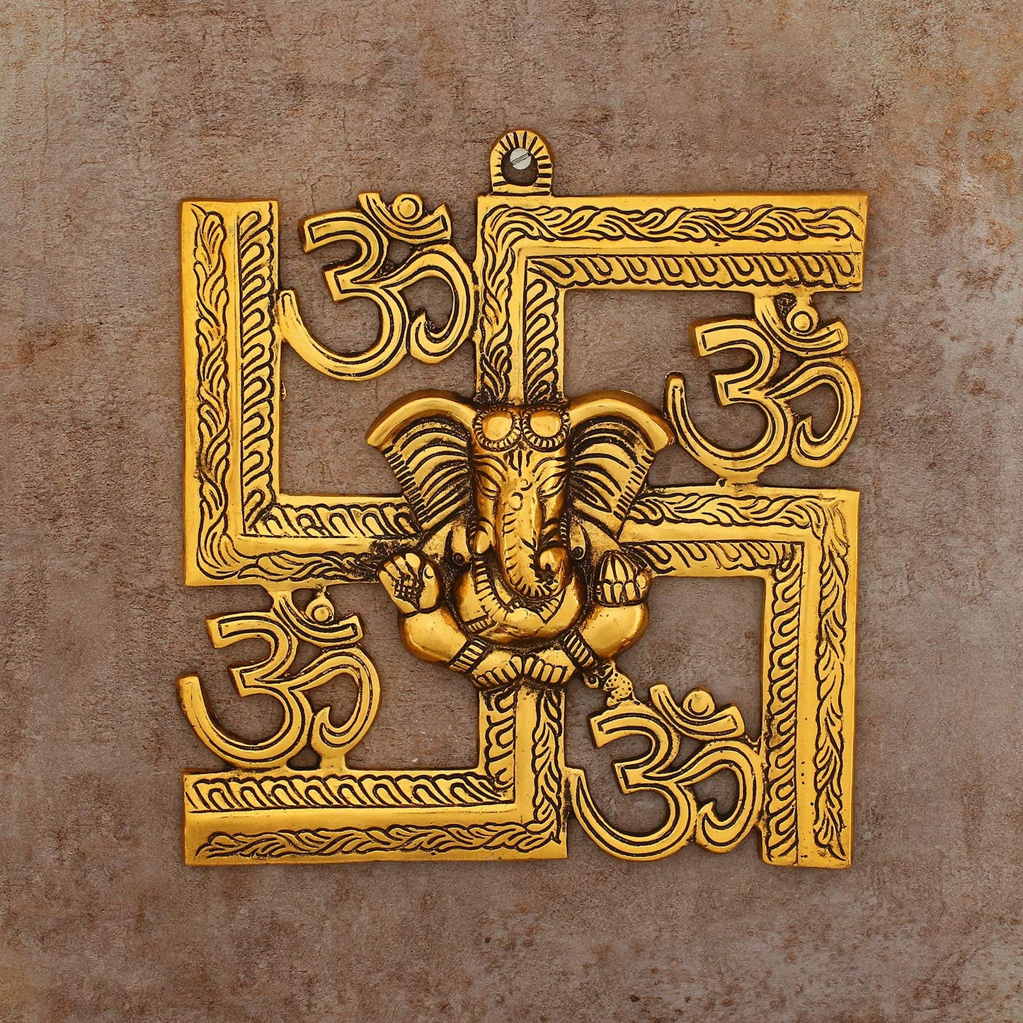 eCraftIndia Lord Ganesha on Om Swastik Metal Golden Wall Hanging