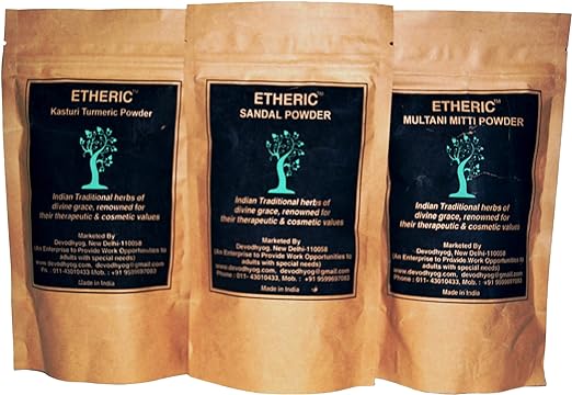 ETHERIC Sandal, Kasturi, Turmeric, Multani Mitti Combo Pack for Glowing Skin