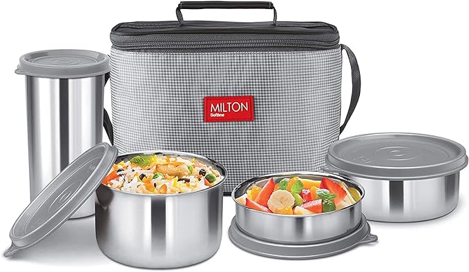 Milton Delicious Combo Stainless Steel Insulated Tiffin with Jacket, Set of 3 Containers (200 ml, 320 ml, 500 ml) and 1 Tumbler-380 ml, Grey | Airtight | Dishwasher-Safe