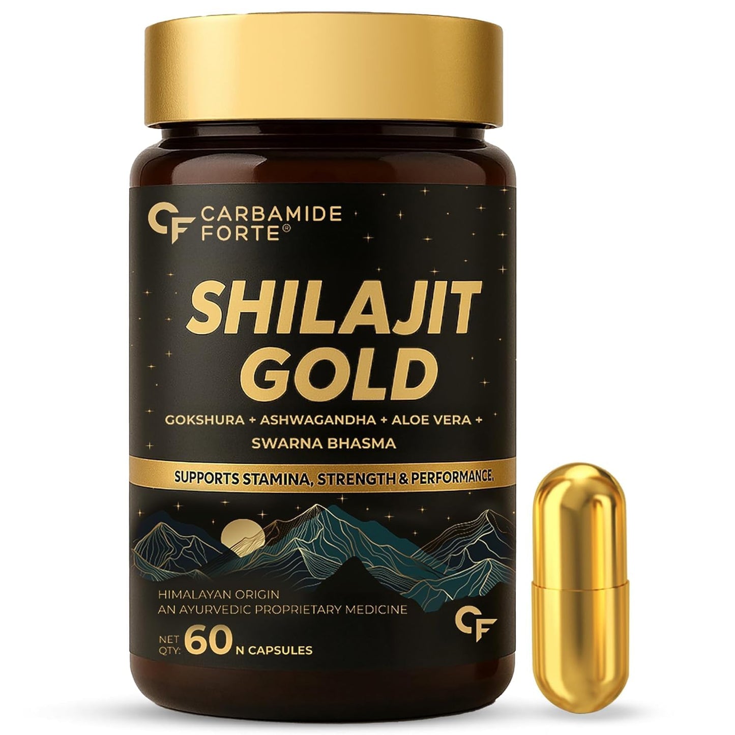 Carbamide Forte Shilajit Gold Capsules For Men With Pure Shilajit Swarna Bhasma,Gokshura,Ashwagandha, 60 cap.