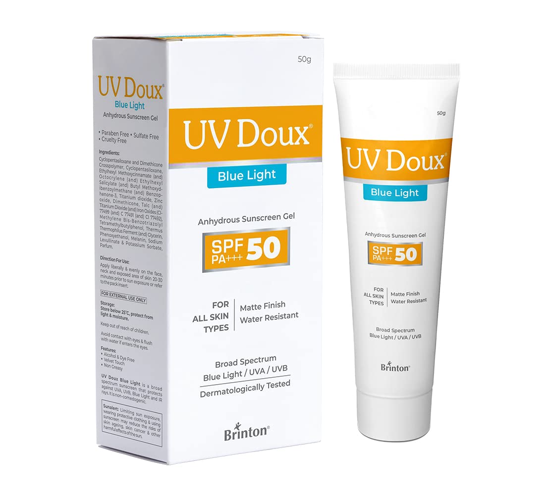 UV Doux Blue Light Tinted Sunscreen Gel SPF 50 PA+++ | For Oily, Acne & Sensitive Skin | 50 g