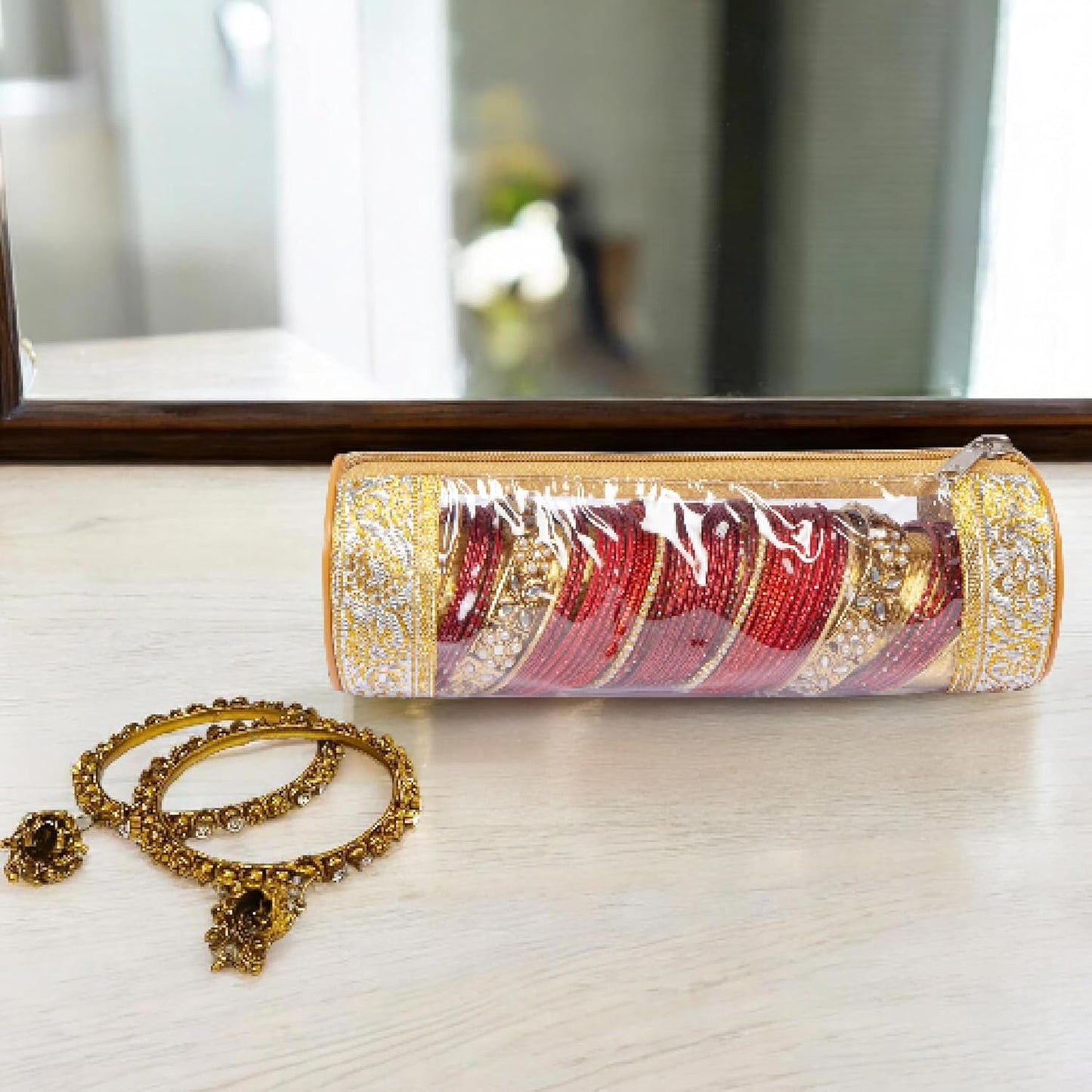 HomeStrap Set of 4 Transparent PVC Single Rod Bangle Storage Pouch, Golden