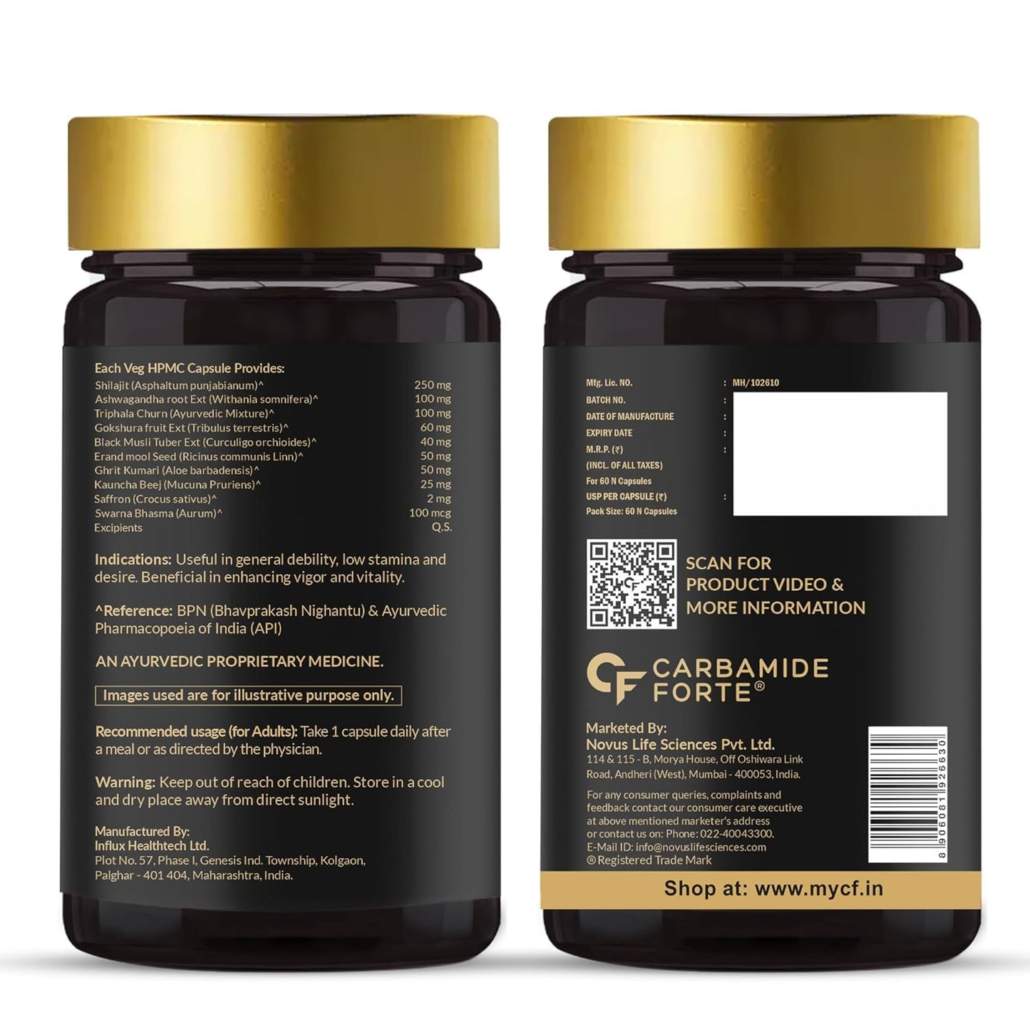 Carbamide Forte Shilajit Gold Capsules For Men With Pure Shilajit Swarna Bhasma,Gokshura,Ashwagandha, 60 cap.