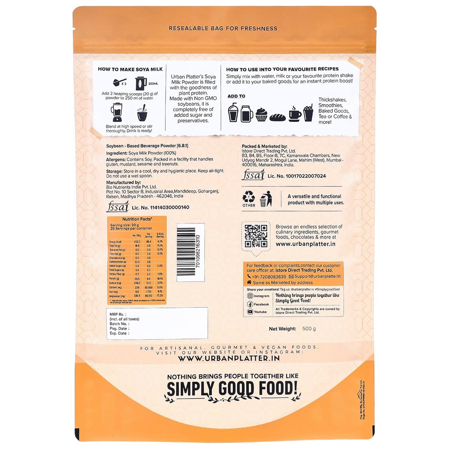 Urban Platter Soya Milk Powder, 500 gm