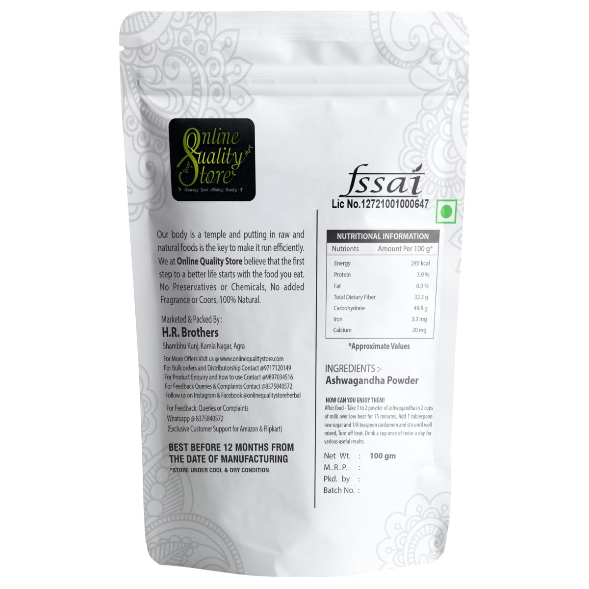 Online Quality Store Natural Ashwagandha Powder - 100 gm