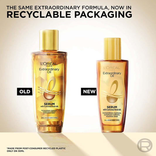 L'Oreal Paris Serum, Protection and Shine, For Dry, Flyaway & Frizzy Hair, With 6 Rare Flower Oils, Extraordinary Oil, 30ml