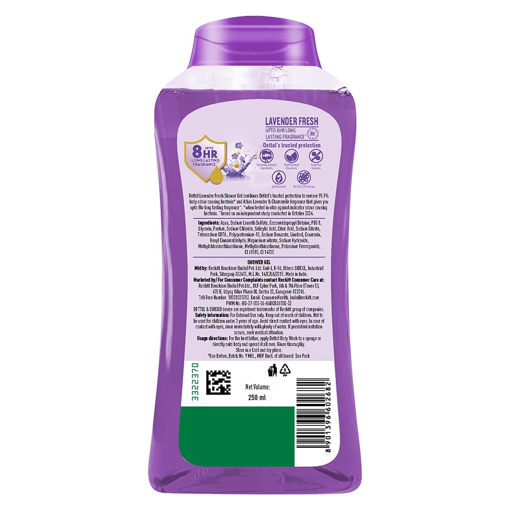 Dettol Body Wash and Shower Gel for Women and Men, Lavender Fresh- 250ml PACK OF 2