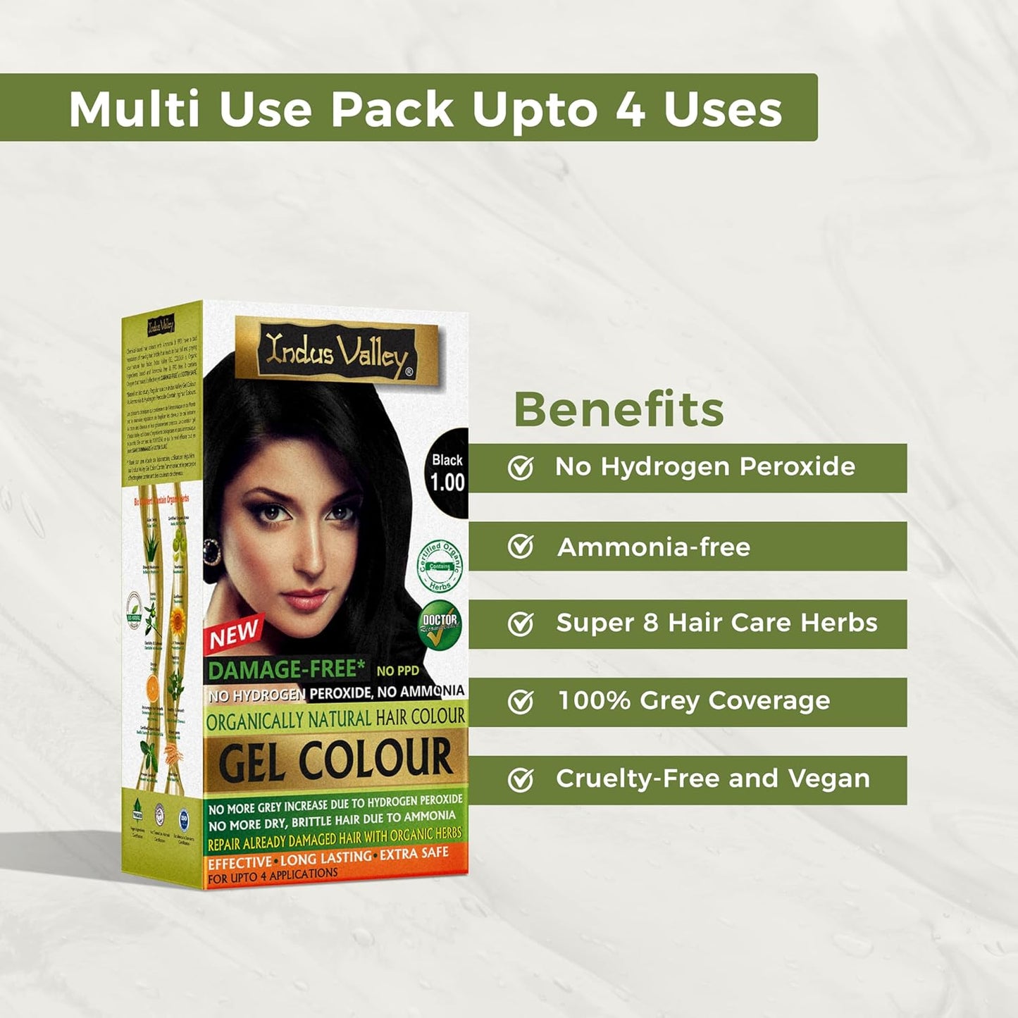 Indus Valley Damage Free Natural Gel Hair Colour for Women, Black 1.00-220 ml