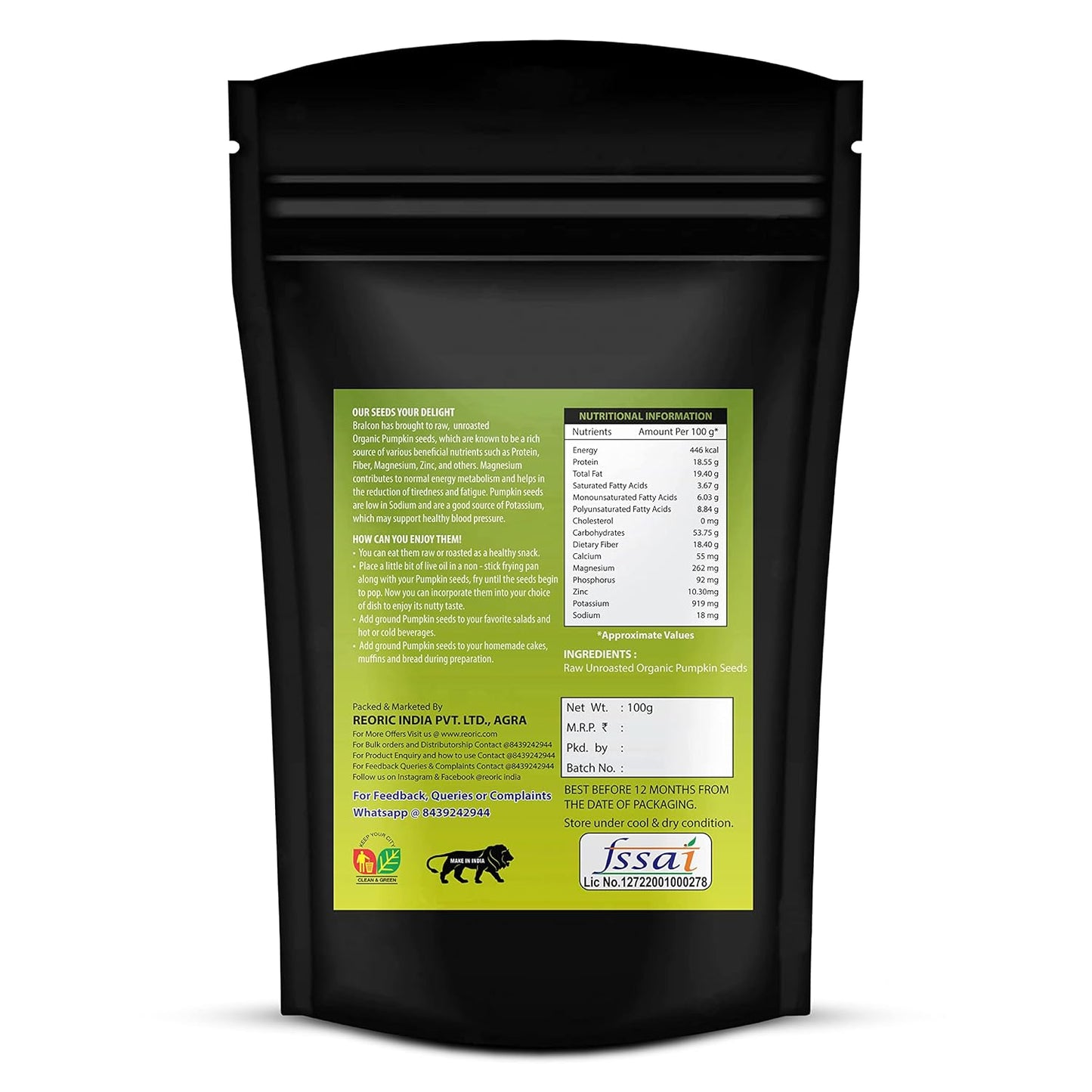 BRALCON Organic Pumpkin Seeds - 100g | Raw Unroasted Pumpkin Seeds for Eating | Protein and Fiber Rich Superfood | Rich in Omega-3 fatty acids