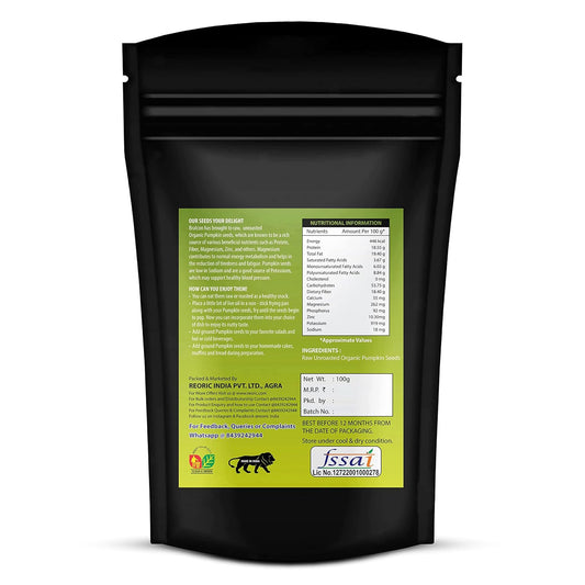 BRALCON Organic Pumpkin Seeds - 100g | Raw Unroasted Pumpkin Seeds for Eating | Protein and Fiber Rich Superfood | Rich in Omega-3 fatty acids