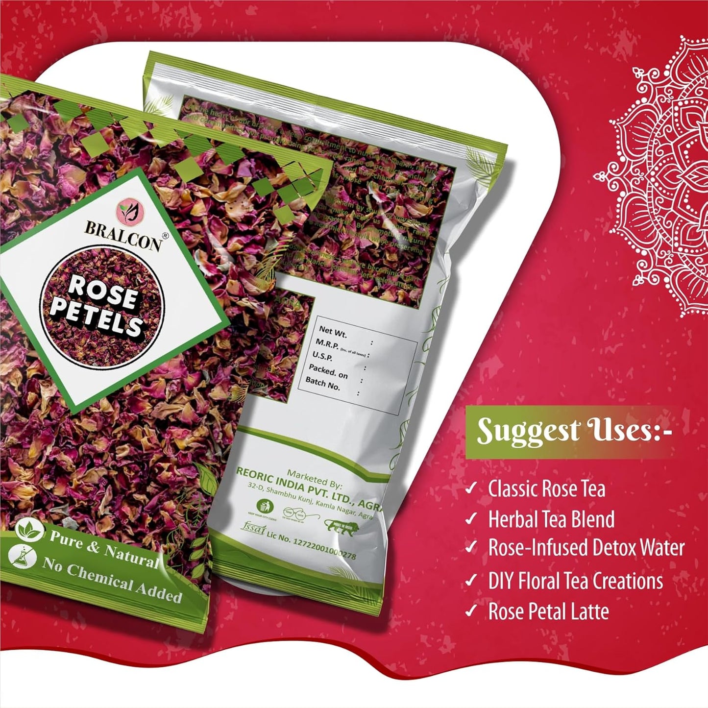 Bralcon Rose Petals - 100 gm, Pure & Natural Sun dried Rose Flowers Petal