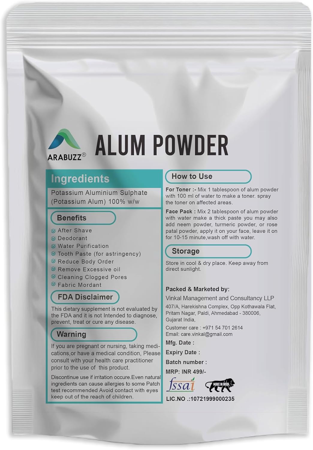 Arabuzz Purified Alum Powder (phitkari) 200 gm (7.05 oz) | 100% Only Alum Powder