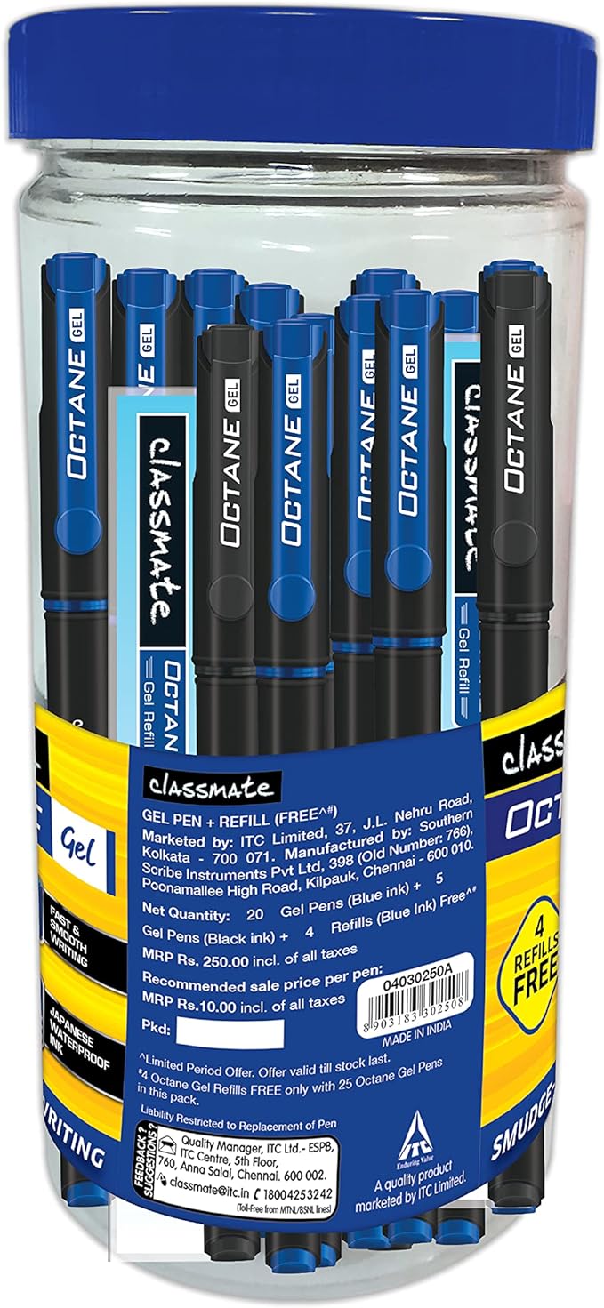 Classmate Octane Gel 25s Jar- 20 Blue Gel Pens + 5 Black Gel Pens