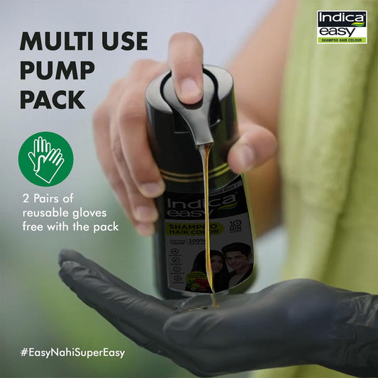 Indica Easy Do-It-Yourself Hair Color Shampoo Pump Pack with 5 Herbal Extracts and 100% Ammonia Free, Long Lasting Formula, 180 ML - Natural Black Colour (Gloves Included)