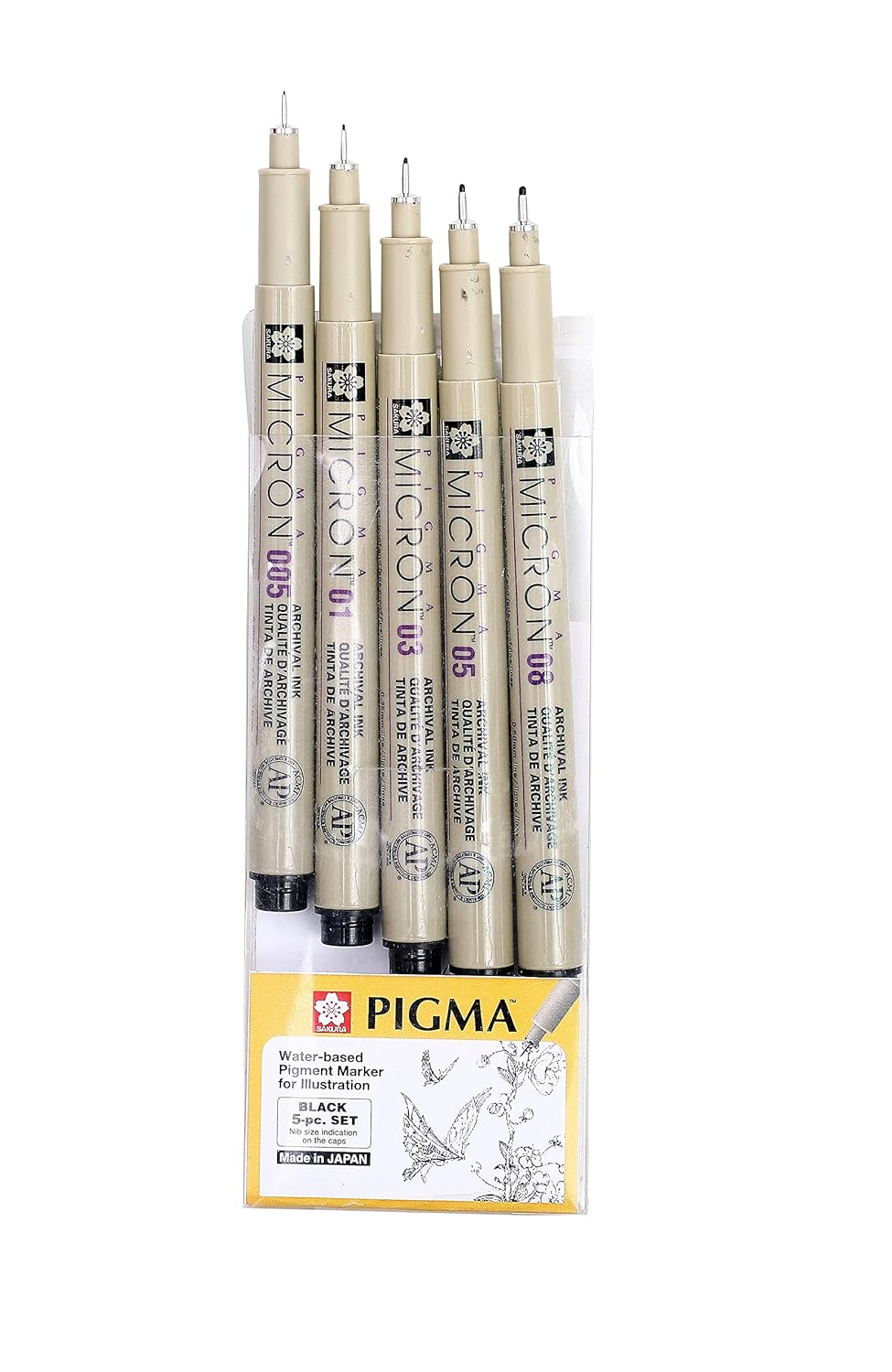 Sakura Pigma Micron Fineliner Pens, Classic Set Of 5 Nib Sizes, Black