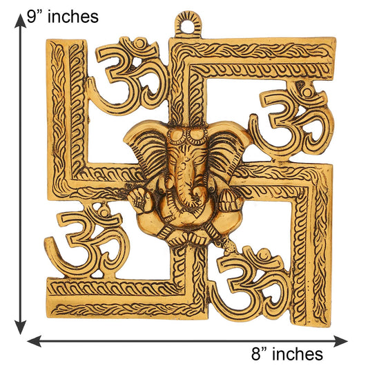 eCraftIndia Lord Ganesha on Om Swastik Metal Golden Wall Hanging