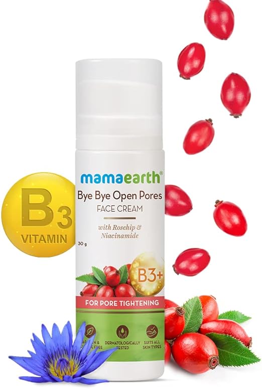 MAMAEARTH Bye Bye Open Pores Face Cream Face Moisturizer For Pore Tightening with Rosehip & Niacinamide 30 g