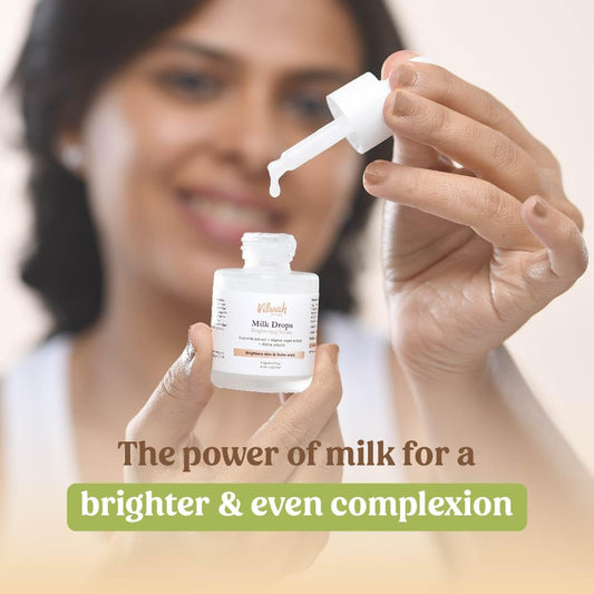 Vilvah Store Milk Drops Brightening Serum Formulated With Rice Milk Extract, Marine Algae Extract, Alpha Arbutin, Fades Scars, Brightens Skin & Even Skin Tone For All Skin Type, 20ml