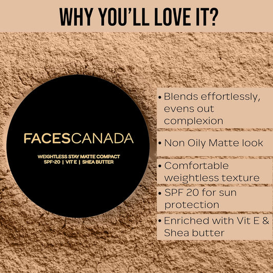FACESCANADA Weightless Stay Matte Finish Compact Powder - Sand, 9 G|Non Oily Matte Look|Evens Out Complexion|Hides Imperfections|Blends Effortlessly|Pressed Powder For All Skin Types - Sand 04