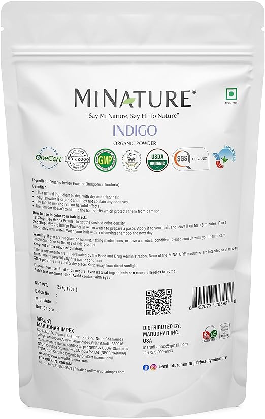 MI NATURE MINATURE Indigo Powder 100% Pure Natural Organically Grown Indigo Powder- For HAIR (227g / (1/2 lb) / 8 ounces)