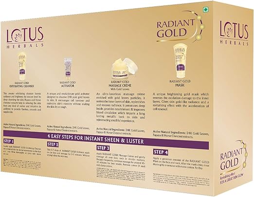 Lotus Radiant Gold Facial Kit for instant glow with 24K Pure Gold & Papaya,4 easy steps, 170g Multiple use