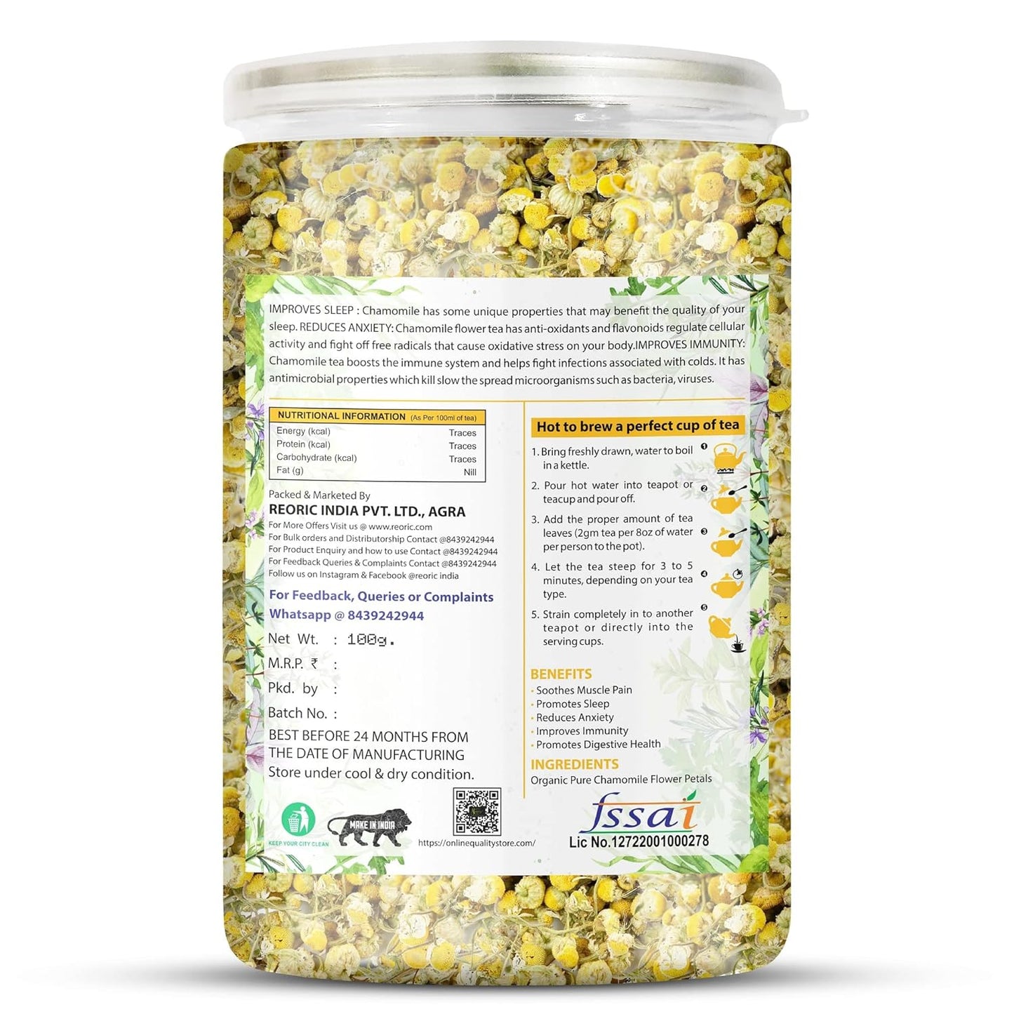 Bralcon Organic Chamomile Flower Tea - 100 Gm | Boost Immunity| Detox & Stress Relief
