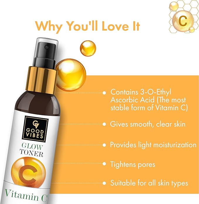 Good Vibes Vitamin C Glow Toner - Goodness of Orange & Kakadu Plum - Lightweight Dewy Texture - Prevents Uneven Skin Tone, Fades Dark Spots - For All Skin Types - Parabens & Sulphates Free - 120 ml