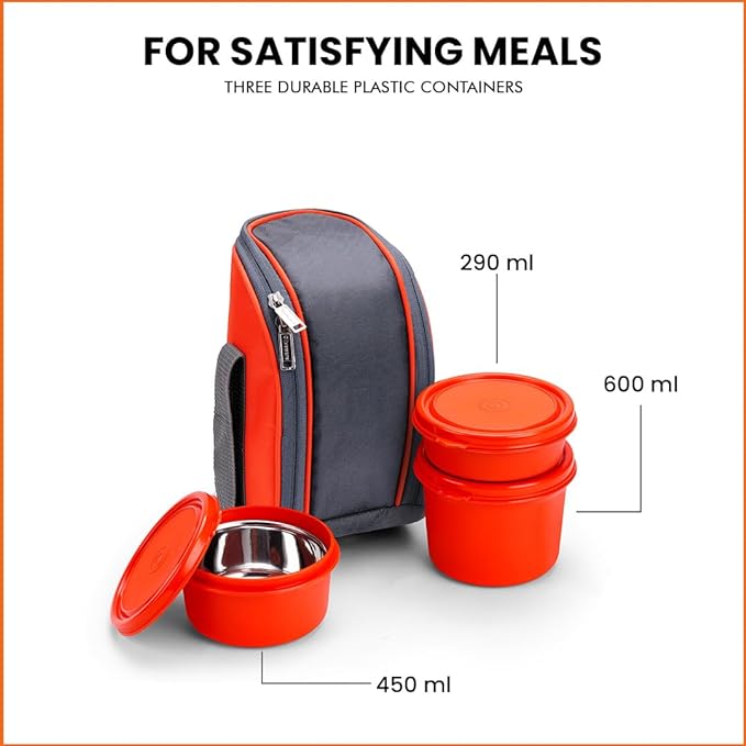 SOPL-OLIVEWARE Boss Stainless Steel Lunch Box, Microwave Safe & Leak Proof, 3 Ineer Steel Containers With Bpa Free Airtight Lids (290ml, 450ml, 600ml), Fabric Bag - Orange, 600ml