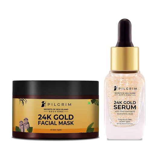 Pilgrim 24K Gold Facial Kit | Dewy Glass Skin Finish | Radiant Look Face Mask Pack 50gm | Serum 20ml | Korean Skin Care | For Women & Men | FREE JUTE BAG