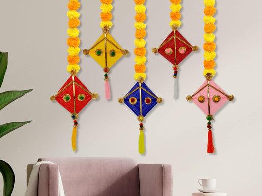 JH Gallery Handmade Artificial Marigold Fluffy Flowers Colorful Woolen Kite Hanging for Home, Festival, Wedding, Temple Pooja Room Decoration (Pack of 5)