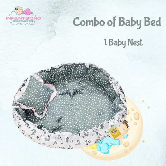 Infantbond Baby Super Soft Reversible Nest | Bed | Bedding Set(0-6 Months) (Star & Moon Grey, Baby Size)