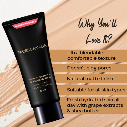 FACESCANADA Weightless Matte Finish Foundation - Rose Ivory, 15 ml