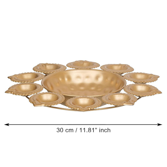 eCraftIndia Golden Metal Handcrafted Flower Decorative Urli with 10 Diyas | s | Diwali Decoration Items for Home Decor | Housewarming, Diwali Gift