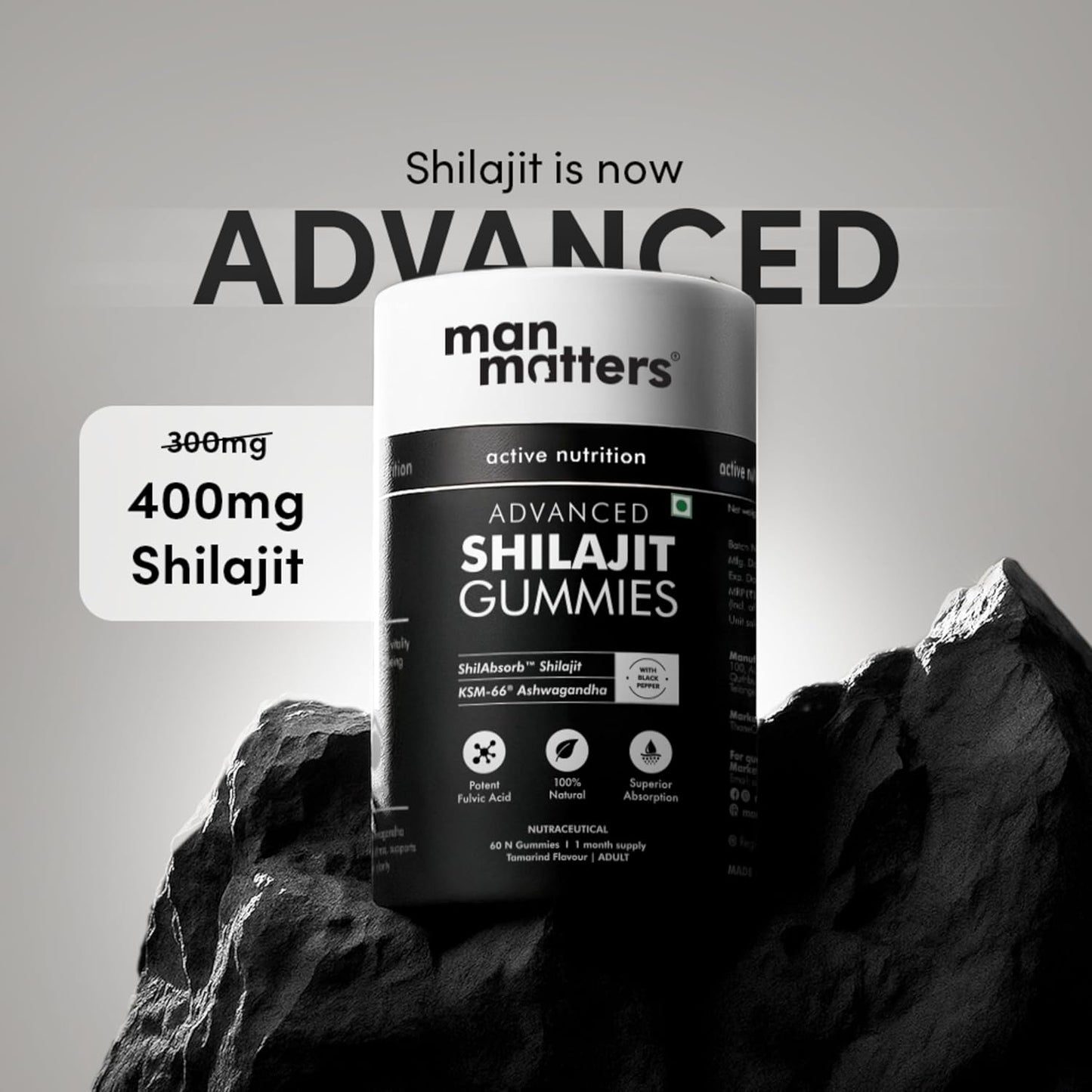 Man Matters Pure Himalayan Shilajit/Shilajeet Gummies Advanced With 75% Fulvic Acid, Ksm 66 Ashwagandha & Black Pepper, 60 Cap.